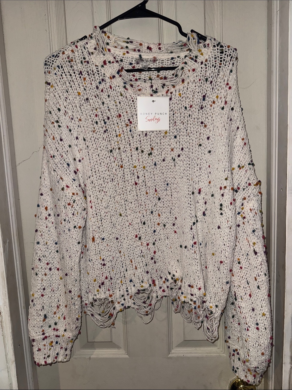 Honey Punch Ivory Confetti Distressed Knit Sweater